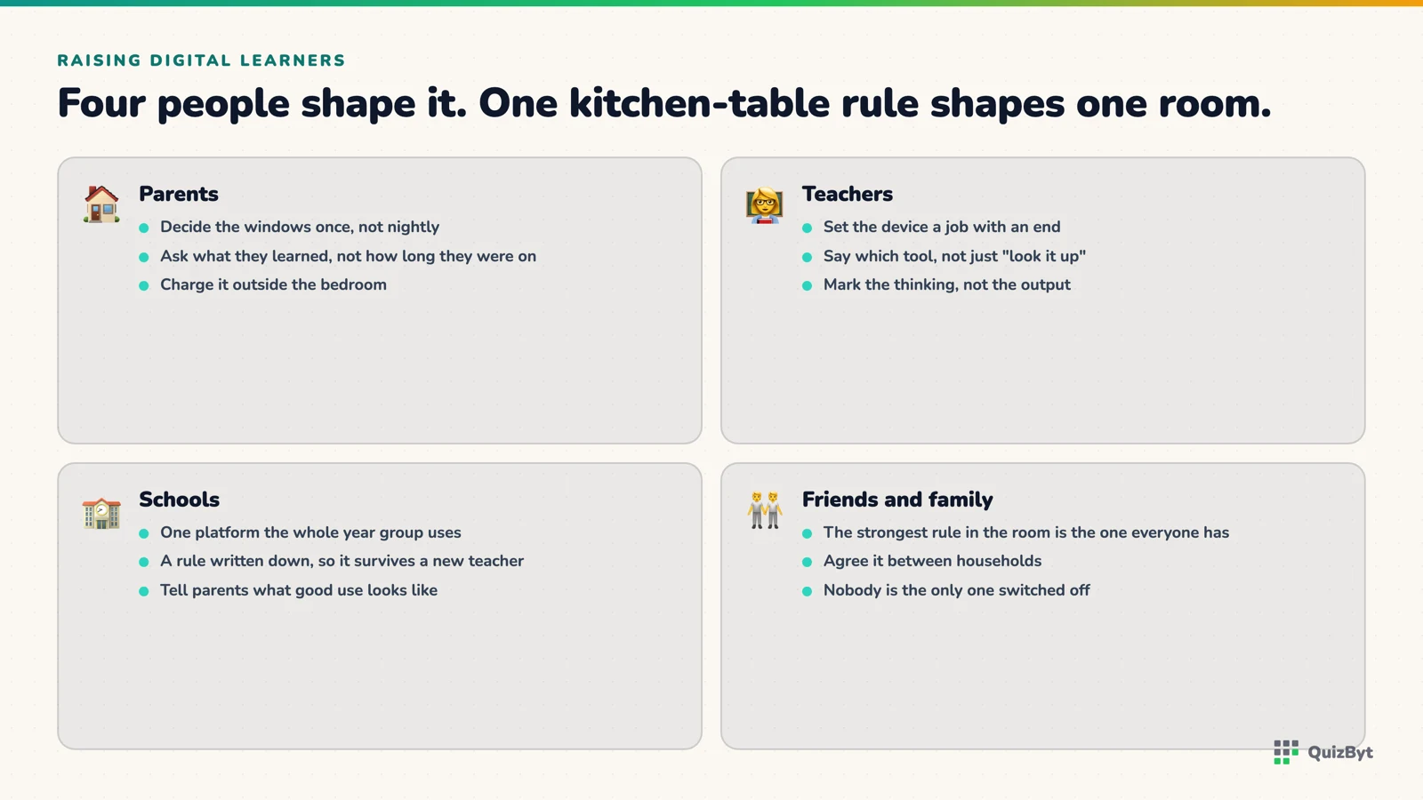 What parents, teachers, schools and friends can each do about a child's use of screens.