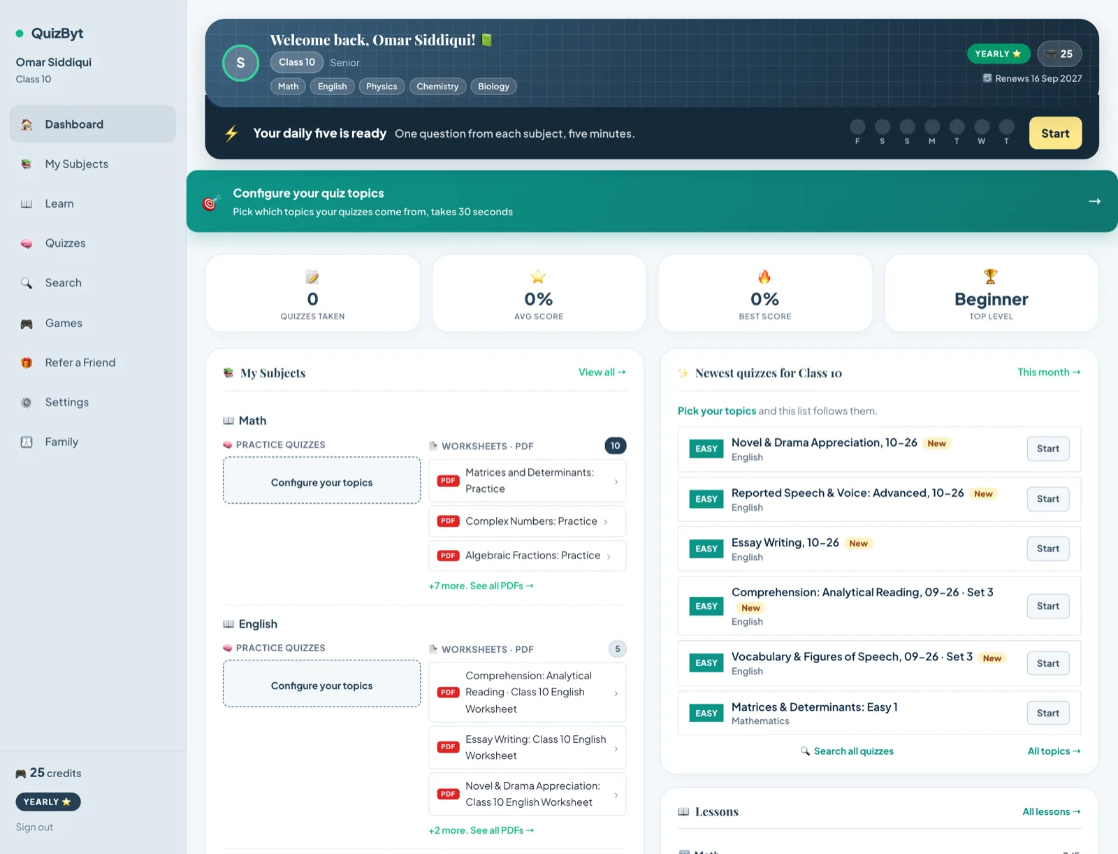 The student dashboard, with subjects down the side and progress in the middle.