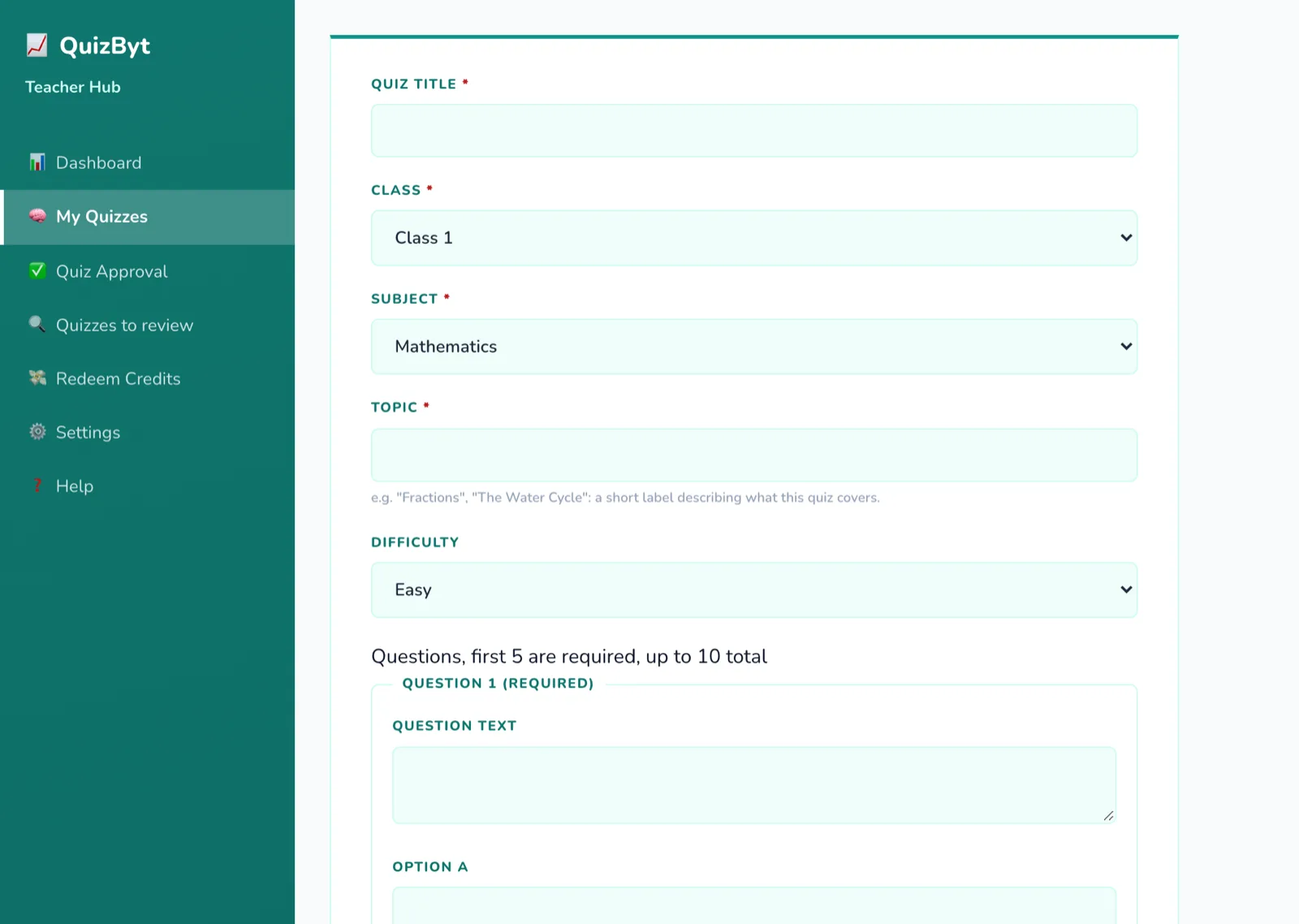 The quiz authoring form, with the class, subject and topic at the top.