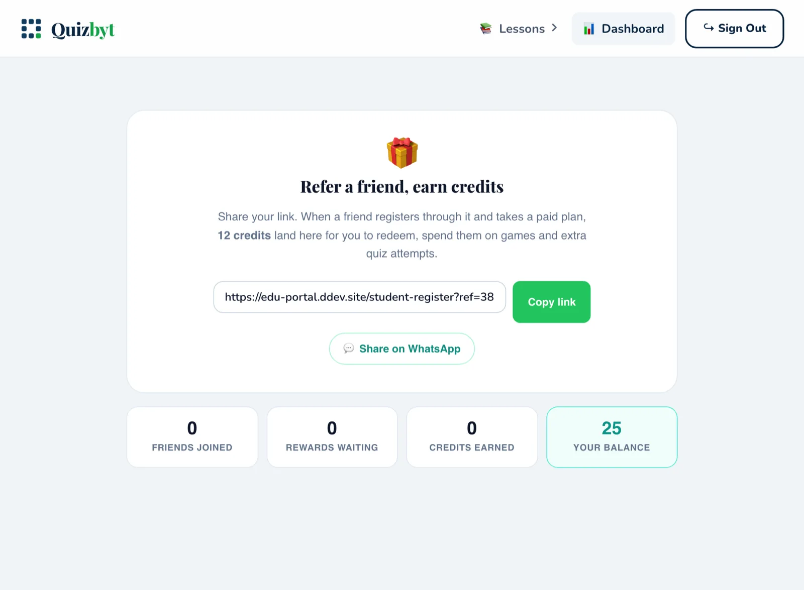 The refer a friend page, showing the personal link and the redeem button.