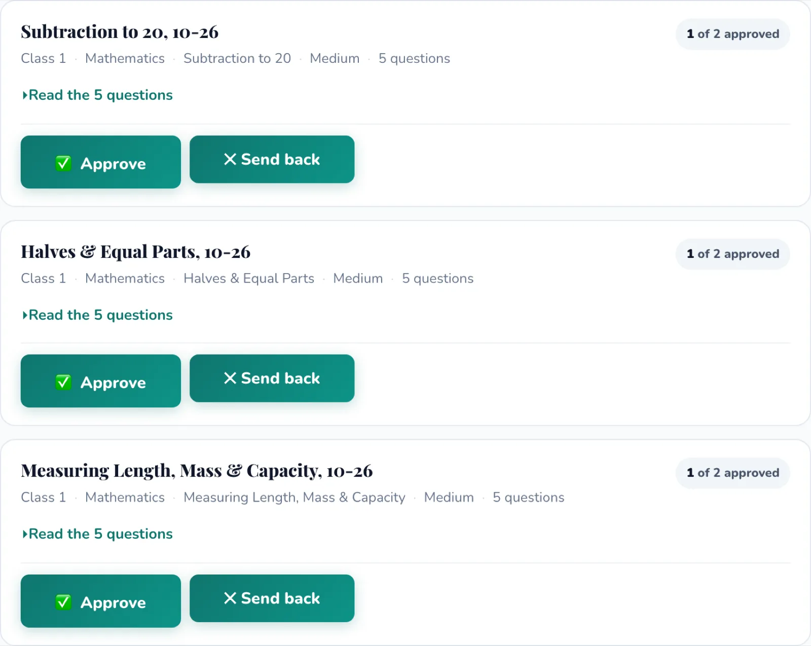 The review queue, listing quizzes awaiting approval.