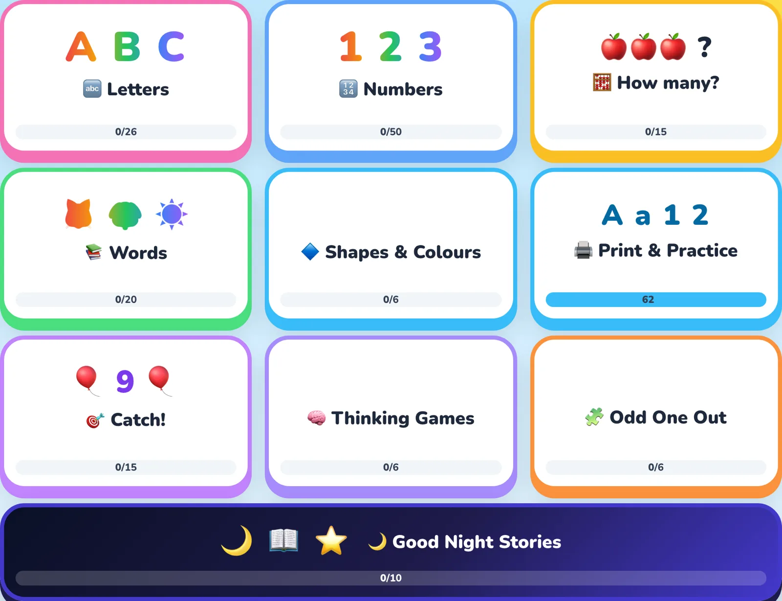 The Kindergarten playground: letters, numbers, counting, words, shapes and the two thinking games.