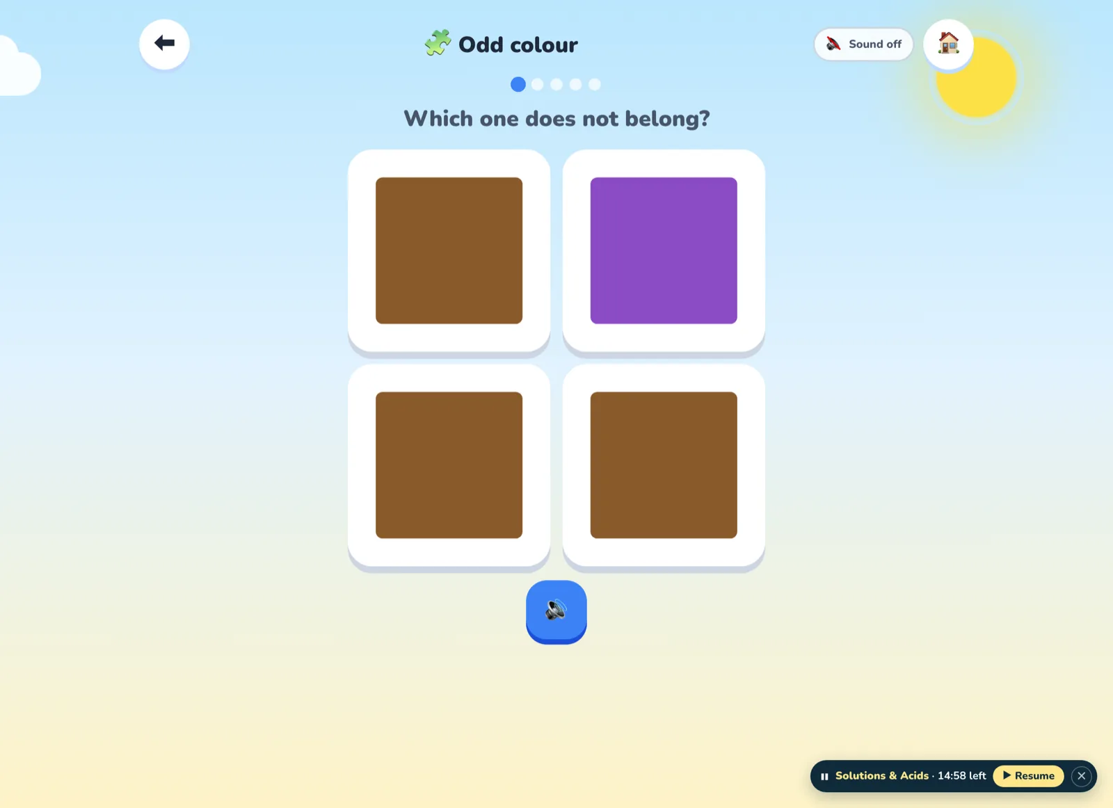 The Odd One Out game: three tiles that belong together and one that does not, with the reason shown after every correct answer.