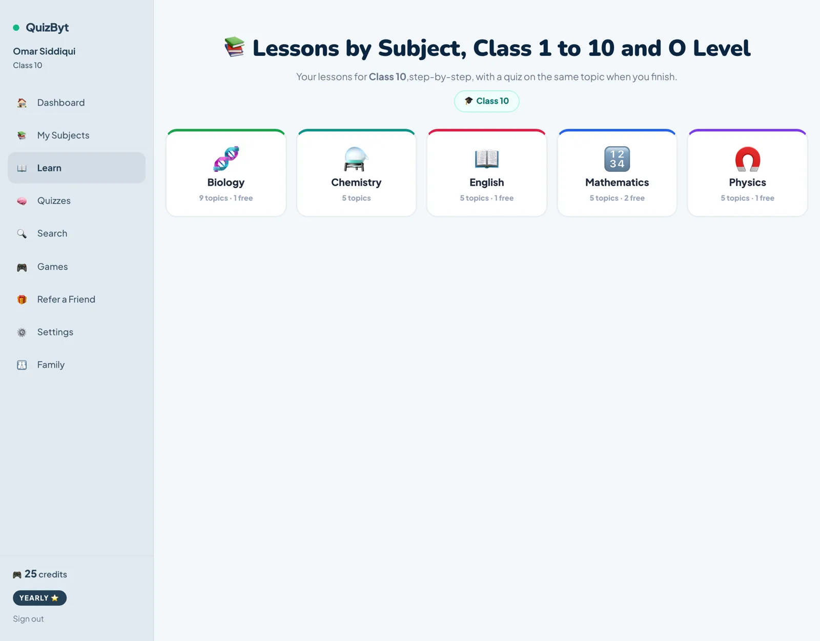Lessons organised by subject, from Class 1 through to O Level.
