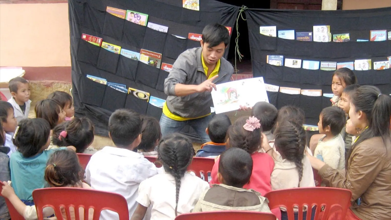 Someone reading out loud: a question spoken rather than set as a reading test.