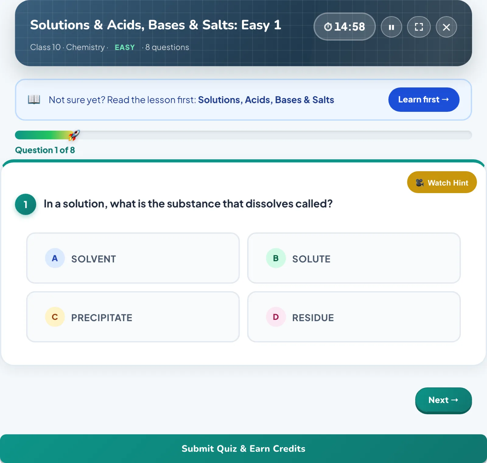 A quiz question with four options and a timer.