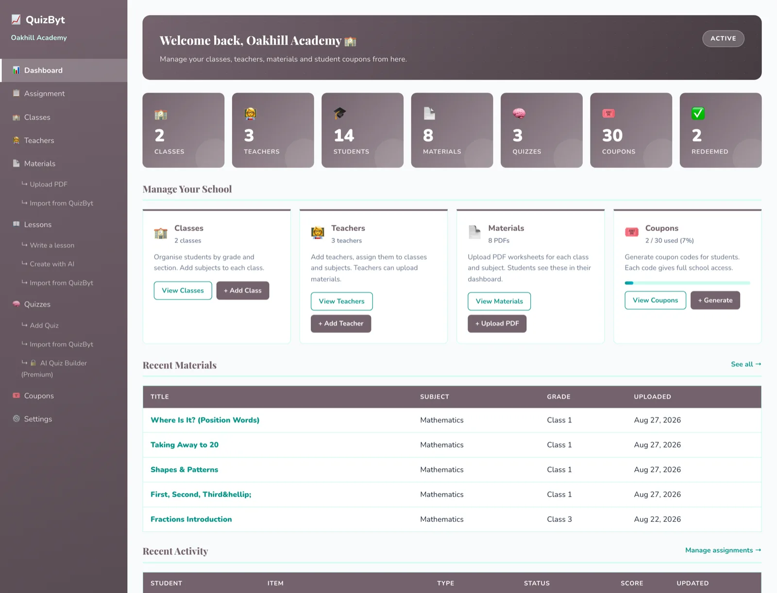 The school dashboard: classes, teachers, students, materials, quizzes and coupons, each with the one button that adds another.
