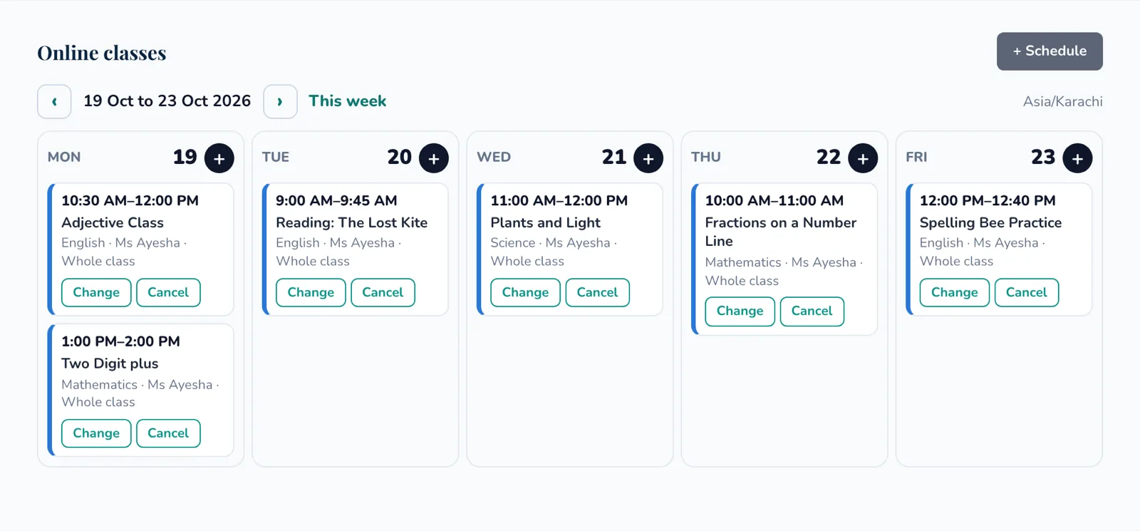 The online classes calendar on a QuizByt class page: a Monday to Friday week with English, Science and Maths classes, each with Change and Cancel buttons, and a plus on every day to book another.